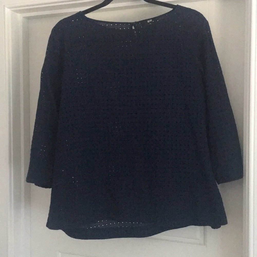 Uniqlo all-cotton navy eyelet top